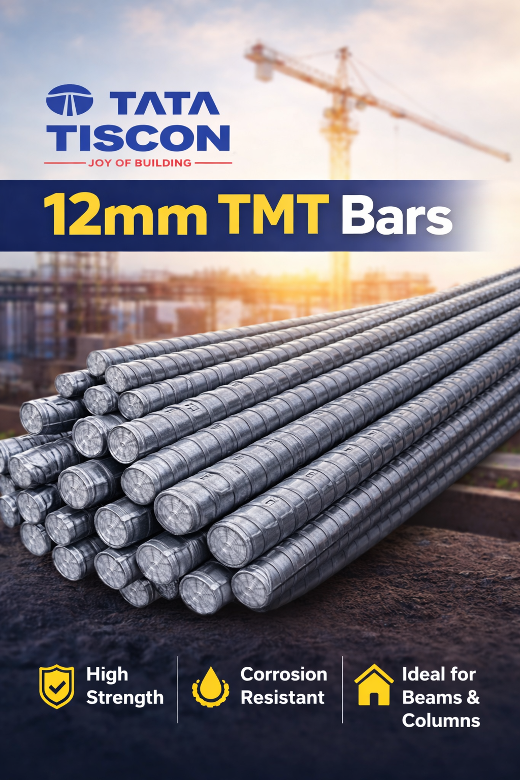 Tata Tiscon 12mm TMT bars bundle for construction showing high strength corrosion resistant steel rods