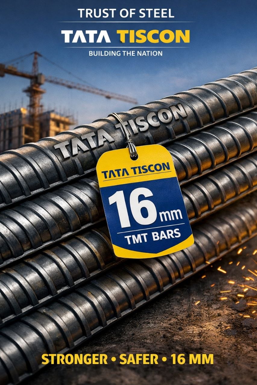 Tata Tiscon 16mm TMT bars bundle for construction showing high strength corrosion resistant steel rods